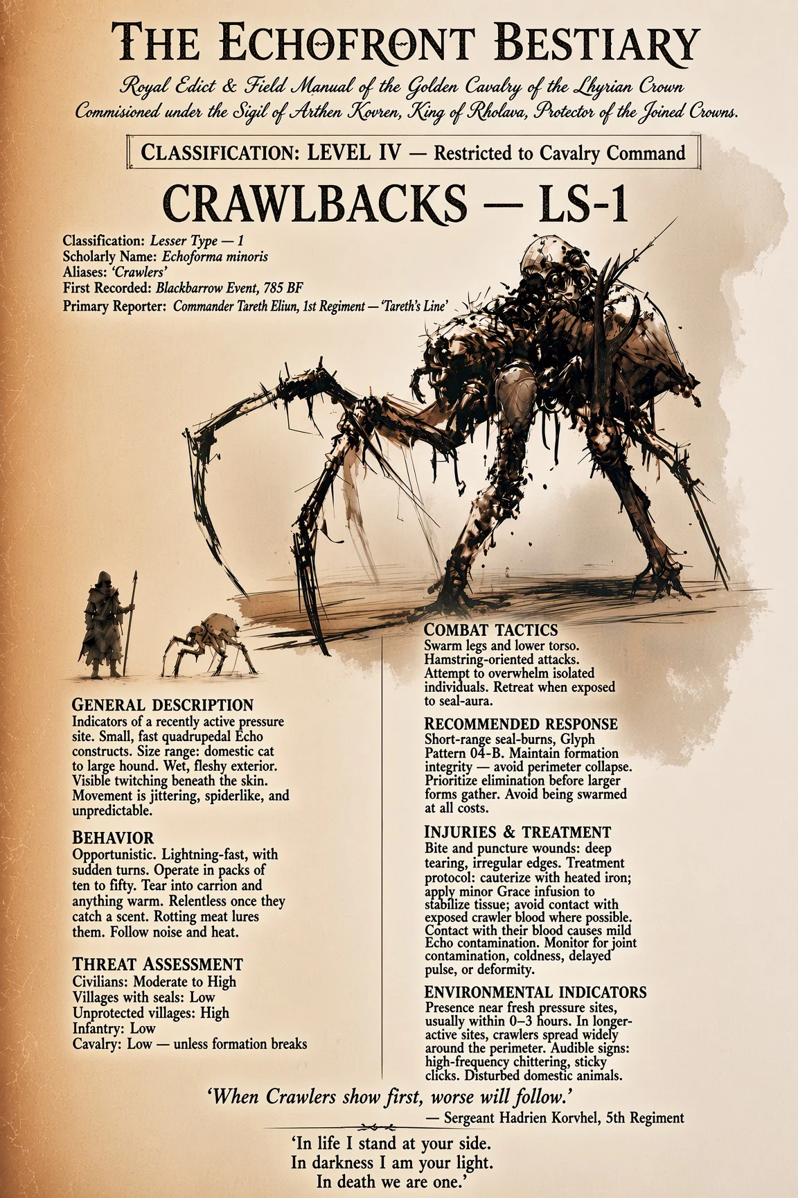 A natural-history field plate documenting a Crawlback creature with restrained anatomical notes