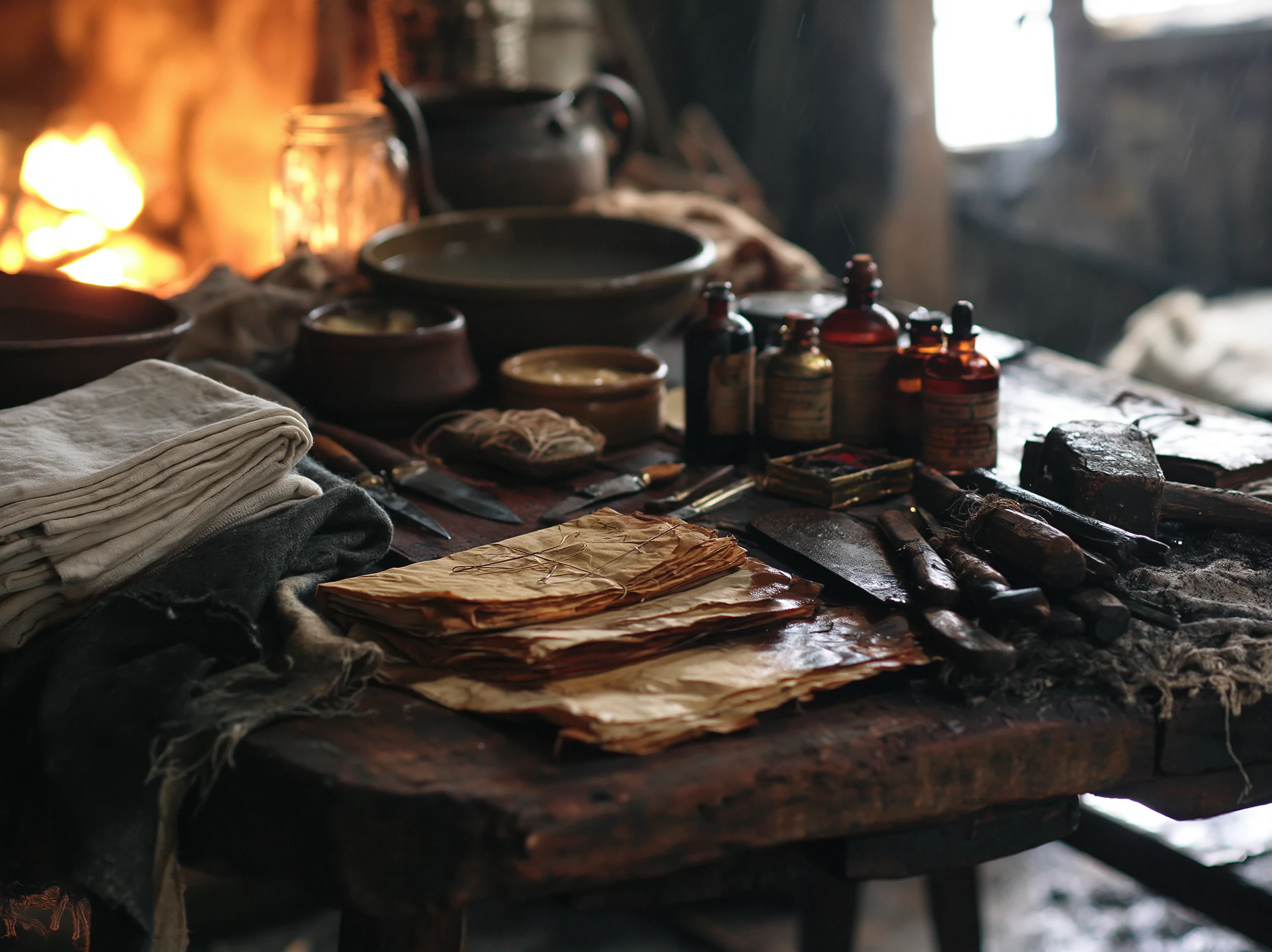 A village healer's worn tools, wrapped herbs, jars, cloth, and brass instruments arranged on a wooden worktable