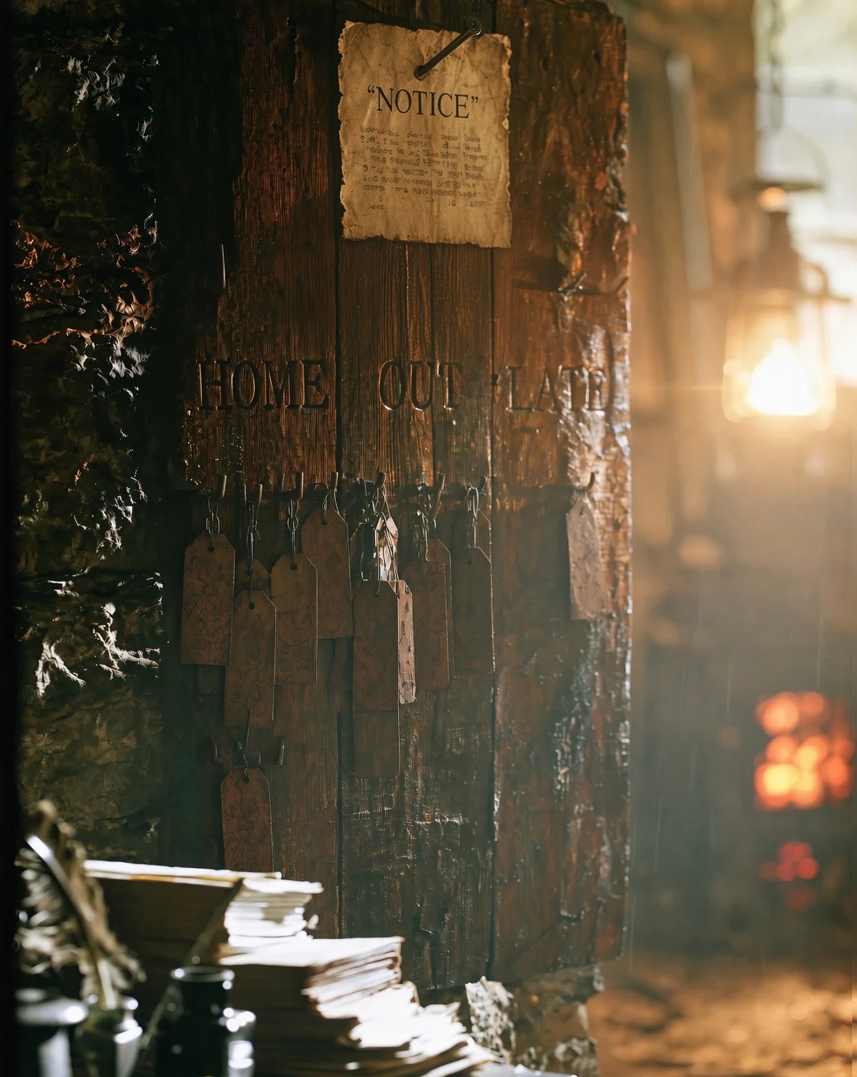 The smoke-dark return board in Greyfen's Ledger House, divided beneath the burned headings HOME, OUT, and LATE