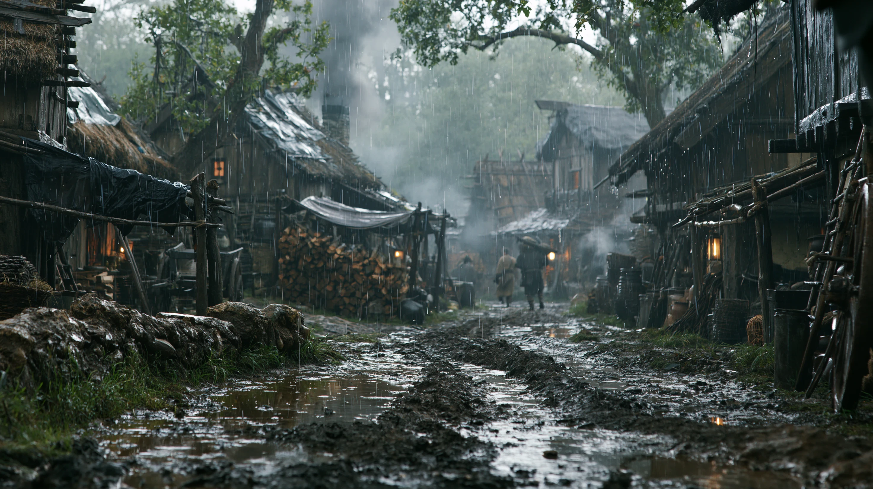 A weathered northern village in steady rain, with muddy lanes, timber homes, smoke, and dim amber windows